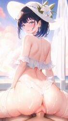 1boy 1girls animated beach blue_hair cowgirl_position cum cum_in_pussy cum_inside cum_on_body genshin_impact sex tagme yelan_(genshin_impact) yesui