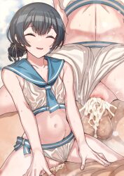 1boy :d ^_^ back bikini bikini_bottom_aside black_hair blush breasts censored closed_eyes clothing_aside cowgirl_position cum cum_in_pussy cum_overflow erere female idolmaster idolmaster_shiny_colors morino_rinze mosaic_censoring multiple_views navel penis pussy_juice sailor_bikini sailor_collar sailor_swimsuit_(idolmaster) sex smile spread_legs straddling straight sweat swimsuit testicles vaginal_penetration white_bikini