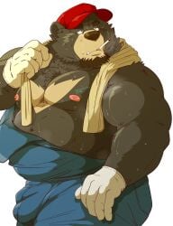 2023 anthro bear belly big_belly black_body bodily_fluids bulge clothing cute_fangs glvoes hat headgear headwear hi_res kemono male mammal mature_male moobs musk nipples overalls overweight overweight_male raichoclub smoking solo sweat