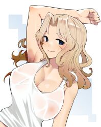 arm_up armpits blonde_hair blue_eyes cleavage female girls_und_panzer kay_(girls_und_panzer) large_breasts looking_at_viewer see-through shita_(yagisauce_07) solo sweat tank_top wet