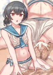 1boy :d back bikini bikini_bottom_aside black_hair blush breasts censored clothing_aside cowgirl_position cum cum_in_pussy erere female idolmaster idolmaster_shiny_colors morino_rinze mosaic_censoring multiple_views navel open_mouth penis ponytail pussy_juice red_eyes sailor_bikini sailor_collar sailor_swimsuit_(idolmaster) sex smile spread_legs straddling straight sweat swimsuit testicles vaginal_penetration white_bikini