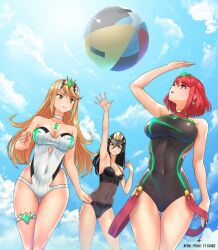 3girls afba beach_ball bikini black_hair blonde_hair cleavage core_crystal morag_ladair_(xenoblade) mythra nintendo ocean pyra red_eyes red_hair xenoblade_(series) xenoblade_chronicles_2 yellow_eyes