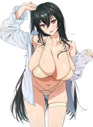 1girls absurdres arm_up armpits azur_lane bikini black_hair blush breasts cleavage collarbone cowboy_shot criss-cross_straps crossed_bangs female female_only hair_between_eyes hanging_breasts head_tilt highres huge_breasts light-skinned_female light_skin long_hair looking_at_viewer navel official_alternate_costume one_side_up open_clothes open_mouth open_shirt red_eyes sakura_empire_(azur_lane) shirt simple_background skindentation smile solo stomach string_bikini sweat swimsuit taihou_(azur_lane) taihou_(seaside_daydreams)_(azur_lane) thigh_strap thighs very_long_hair wet white_background white_bikini white_shirt yukiman1056