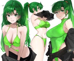 1girls alternate_costume alternate_hairstyle bikini breasts earrings english_commentary female female female_only fire_emblem fire_emblem:_the_blazing_blade green_bikini green_eyes green_hair green_one-piece_swimsuit green_swimsuit hair_down high_ponytail jewelry large_breasts long_hair looking_at_viewer lyn_(fire_emblem) nintendo one-piece_swimsuit ormille ponytail solo swimsuit very_long_hair wet