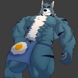 2023 abs anthro asian_clothing biceps black_stripes blackclown00 blue_body blue_fur blush blush_lines body_hair bulge canid canine canis chest_tuft claws clothed clothing collar deltoids ear_piercing east_asian_clothing egg_pattern eye_scar facial_scar finger_claws flexor_carpi fundoshi fundoshi_only fur grey_background hair happy_trail japanese_clothing male mammal muscular muscular_anthro muscular_male muscular_thighs notched_eyebrow obliques pawpads pecs piercing quads scar simple_background solo solo_male spiked_collar spikes stripes sunny_side_up_egg topless tuft underwear underwear_only white_hair wolf