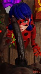 1boy 1girls 3d balls big_penis blue_hair bodysuit clothed_female_nude_male dark-skinned_male dark_skin duo erection female huge_cock interracial kneeling ladybug_(character) light-skinned_female light_skin long_penis male male/female male_pov male_pubic_hair marinette_cheng marinette_dupain-cheng miraculous_ladybug mistletoe nude nude_male on_knees penis pov pubic_hair red_l straight tagme testicles veiny_penis