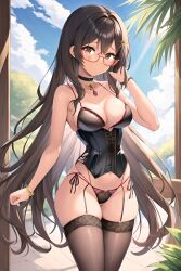 1girls ai_generated black_corset black_hair black_panties black_thighhighs blue_sky breasts cloud clouds concerned corset female front_view garter_straps glasses hand_on_hair light-skinned_female light_skin long_hair looking_at_viewer medium_breasts necklace nerd nerdy_female original_character panties small_waist soulgen sunlight thighhighs thong tree trees very_long_hair wristband wristbands