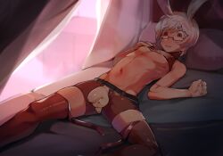 1boy 2022 anus balls bunny_ears byebyefrog femboy final_fantasy final_fantasy_xiv flaccid flaccid_penis genital_piercing glasses hi_res legwear lying lying_on_back lying_on_bed male male_only on_bed open_shorts penis piercing red_eyes short_hair shorts taiyo_akari viera white_hair