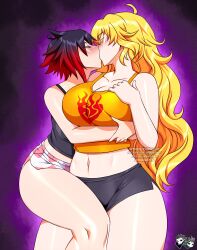 2girls ahoge alternate_version_at_source artist_logo artist_name big_breasts black_hair blonde_hair blush breasts cleavage closed_eyes clothed clothing duo female female_only hug human human_only incest incestuous incestuous_(lore) incestuous_kiss jadenkaiba kissing light_skin long_hair multicolored_hair multiple_girls pajamas purple_eyes red_hair rooster_teeth ruby_rose rwby shiny_skin short_hair silver_eyes simple_background sisters smile yang_xiao_long yuri