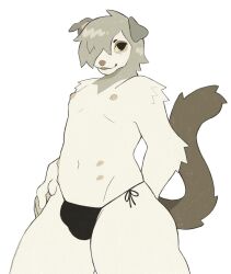 2023 6_nipples anthro arm_tuft black_eyes brown_nose brown_tail bulge button_ears canid canine canis digital_media_(artwork) domestic_dog elbow_tuft floppy_ears fur green_ears green_hair green_neck hair hand_behind_back hi_res looking_aside male mammal multi_nipple navel nipples portrait pup_(micerunt) shoulder_tuft simple_background skimpy_underwear smile solo tail tail_tuft tan_body tan_fur tan_sclera three-quarter_portrait tuft white_background yakpup