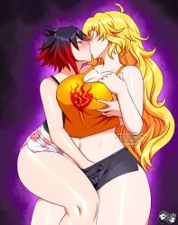 2girls ahoge alternate_version_at_source artist_logo artist_name big_breasts black_hair blonde_hair blush breast_grab breasts cleavage closed_eyes clothed clothing duo female female_only fingering human human_only incest incestuous incestuous_(lore) incestuous_kiss jadenkaiba kissing light_skin long_hair multicolored_hair multiple_girls pajamas purple_eyes red_hair rooster_teeth ruby_rose rwby shiny_skin short_hair silver_eyes simple_background sisters smile yang_xiao_long yuri