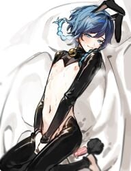 1boy androgynous blue_eyes blue_hair breasts bunny_ears bunnysuit buttplug erect_nipples femboy genshin_impact kkopoli leotard looking_at_viewer nipples playboy_bunny seductive seductive_look smile sweat trap twin_braids twink venti_(genshin_impact)