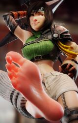 3d 3d_(artwork) barefoot brown_eyes brown_hair clothed clothed_female clothing feet feet_up femdom final_fantasy final_fantasy_vii final_fantasy_vii_remake foot_fetish foot_focus foot_worship futile3d looking_at_viewer looking_down ninja peace_sign pov pov_feet presenting_foot short_hair smile smiling smiling_at_viewer sole_female soles toes toes_spread wink winking_at_viewer wrinkled_feet wrinkles yuffie_kisaragi