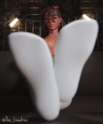 1girls 3d alternate_version_available areolae blender blurry brown_hair dark-skinned_female dark_skin detailed_background epic_games feet female female_focus female_only fortnite glasses highres isabelle_(fortnite) lewdrex long_hair long_socks looking_at_viewer nipples nude nude_female presenting presenting_breasts presenting_feet sitting small_breasts socks solo solo_focus watermark white_socks