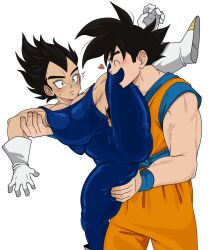 black_hair blush dragon_ball dragon_ball_z fully_clothed gay male male_only muscles muscular niumek_kun saiyan smiling son_goku spread_legs vegeta