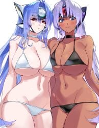 big_breasts bikini black_bikini blue_hair breast_press breasts chocolate_and_vanilla dark-skinned_female kos-mos light-skinned_female long_hair midriff negresco t-elos thighs white_bikini white_hair xenosaga xenosaga_episode_iii