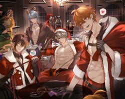 7boys abs aether_(genshin_impact) alhaitham_(genshin_impact) arataki_itto chain_collar chains childe_(genshin_impact) christmas_outfit christmas_tree condom condom_packet_strip diluc_(genshin_impact) gay genshin_impact group holding_object holding_rope kaeya_(genshin_impact) kamisato_ayato male male_only multiple_boys muscular muscular_male pnk_crow red_rope santa_claus tartaglia_(genshin_impact) yaoi zhongli_(genshin_impact)