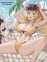 100wang 3girls animated beach black_bikini black_hair blake_belladonna blonde_hair clothing electronics female game_console handheld_game_console human light-skinned_female light_skin nintendo_switch no_sound outside pale_skin public rwby segal03 swimwear tagme video weiss_schnee white_hair yang_xiao_long yellow_bikini