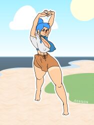 1futa aarqon abs animal_crossing animal_crossing_new_horizons balls beach big_penis blue_hair blush breasts clothed clothing erect_nipples erection erection_under_clothes fit_female fully_clothed futa_only futanari huge_breasts human large_breasts large_nipples large_penis light-skinned_futanari light_skin looking_at_viewer no_sclera only_player original_character penis short_hair smile solo standing stretching swimsuit tan_skin tanline villager_(animal_crossing)