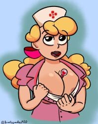 alternate_breast_size areolae biofspades420 blonde_hair cleavage large_breasts lipstick nipple_peak nipple_slip nurse nurse_(wonder_boy) nurse_cap open_mouth pink_coat shirt_pull white_shirt wonder_boy wonder_boy:_the_dragon's_trap wonder_boy_(series)