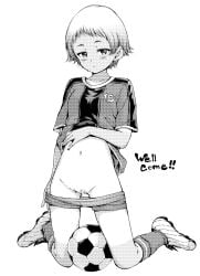 ball bar_censor blush breasts censored check_commentary clothes_lift clothes_pull commentary_request expressionless female full_body greyscale hamao highres kneeling lifted_by_self looking_at_viewer monochrome navel original pulled_by_self pussy shirt_lift short_hair short_shorts shorts shorts_pull small_breasts soccer_ball soccer_uniform solo sportswear