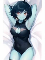 1girls ai_generated aqua_soldier_(tower_heroes) blue_skin boob_window breasts clothed dakimakura leotard lowres roblox roblox_game tagme tower_heroes