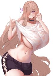 1girls alikap arm_up belly_button breasts cleavage eyelashes female female_only hair_over_one_eye huge_breasts light-skinned_female light_skin long_hair maria_kurumitsuki_(alikap) mole original shorts solo stomach wide_hips