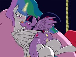 2013 alicorn anus ass blush cutie_mark duo equine female friendship_is_magic hair half-closed_eyes hi_res high_resolution horn horse lying multicolored_hair my_little_pony on_back on_front open_mouth pony princess_celestia_(mlp) purple_eyes purple_fur purple_hair pussy resting tongue twilight_sparkle_(mlp) vulapa white_fur wings