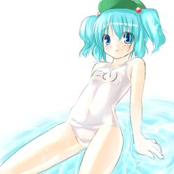 blue_hair hat hirasato mizugi name_tag nitori_kawashiro one-piece_swimsuit school_swimsuit short_hair solo sukumizu swimsuit touhou white_school_swimsuit