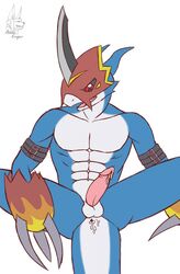 3_fingers abs anthro anubis_kruger_(artist) anus ass balls black_eyes blade claws cum cum_in_ass cum_inside cum_on_penis digimon dragon erection flamedramon furry headgear lizard looking_down male male_only mask no_humans open_mouth pecs penis pink_penis plain_background precum presenting presenting_hindquarters red_eyes reptile scalie sharp_teeth solo spread_legs spreading teeth tongue white_background