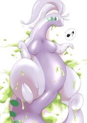 2016 anthro anus biidama breasts female goodra green_eyes looking_at_viewer lying musical_note nintendo nipples nude on_back pokémon_(species) pokemon pokemon_(species) purple_body pussy slime solo video_games