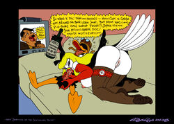 1girls 2boys adolf_hitler anthro areola ass avian big_ass daffy_duck drunk duck english_text eyewear garter hatta_mari hindpaw human looking_back looney_tunes multiple_boys nail_polish nazi open_mouth oral_sex paws penis pigeon precum pussy raceplay saliva sex soft_feathers speech_bubble stockings swastika tail_feathers television testicles text thebigmansini toes warner_brothers what world_war_2