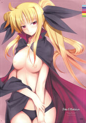 black_panties blonde_hair breasts cape fate_testarossa female high_resolution long_hair lyrical_nanoha magical_girl mahou_shoujo_lyrical_nanoha mahou_shoujo_lyrical_nanoha_strikers mikazuki_akira nearly_naked_cape nipples oppai panties ponytail red_eyes ribbon scan tied_hair tri-moon! twintails underwear