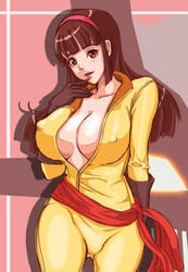 1girls 2009 bodysuit breasts brown_eyes brown_hair cleavage female gloves hairband helmet human large_breasts light-skinned_female light_skin long_hair looking_at_viewer mazinger mazinger_z pilot_suit sash sayaka_yumi solo tomato_(pixiv904552)