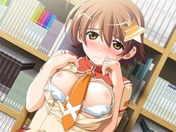 1girls between_breasts blush book bra bra_pull breasts brown_hair cg clothes_pull eroge game_cg hair_ornament katakura_shinji kira_kira large_breasts lingerie nipples open_clothes open_shirt orange_eyes overdrive school_uniform shiino_kirari shirt short_hair solo underwear white_bra