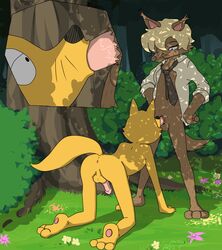 2013 anus ass balls bottomless brown_fur clothed clothing color day erection fellatio gaon gay ghouliegrim half-dressed kaiketsu_zorori male necktie no_humans nude oral oral_sex outdoors penis sex tree yellow_fur zorori