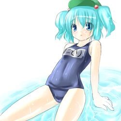 blue_hair hat hirasato mizugi name_tag nitori_kawashiro one-piece_swimsuit school_swimsuit short_hair solo sukumizu swimsuit touhou