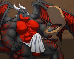 anthro arkanian balls biceps big_muscles black_dragon dragon erection furry horn jockstrap loincloth male male_only muscles no_humans pecs penis scalie sitting solo taoren topless underwear