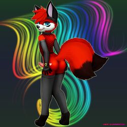 2013 anthro ass blue_eyes bottomless canine collar color colored crossdressing cute erection fox fur furry girly hair jamesfoxbr looking_at_viewer looking_back male male_only no_humans open_mouth penis plain_background red_fur smile solo standing stockings tongue trap