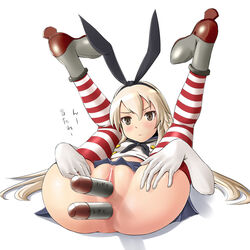 anal_insertion anus blonde_hair blush bottomless brown_eyes censored clothing insertion kantai_collection long_hair lying no_panties on_back pussy shimakaze_(kantai_collection) shuuji_(shumi) skirt spread_legs striped striped_legwear torpedo