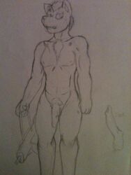 anthro canine dubious front_view fur furry huge_cock male male_only monochrome nipples no_humans nude penis solo standing