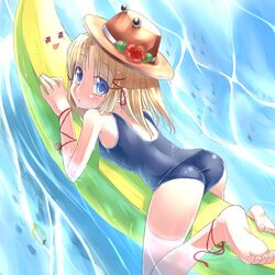 ass banana_boat barefoot blonde_hair blue_eyes eyes feet flower girl_on_banana hat hirasato lying mizugi on_stomach one-piece_swimsuit ribbon school_swimsuit short_hair solo sukumizu suwako_moriya swimsuit touhou water wet yukkuri_shiteitte_ne