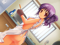 apron ass blush breasts cooking gohoushi_kissa_~tenshi-tachi_ni_omakase~ hadaka_apron naked_apron no_bra no_panties nopan oppai oven_mitts photoshop purple_eyes purple_hair sen'ou_rio side_ponytail sideboob uncensored