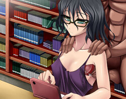 1boy armpit_sex black_hair blue_eyes bored clothes_penetration cum female glasses library multitasking nintendo_ds outercourse public