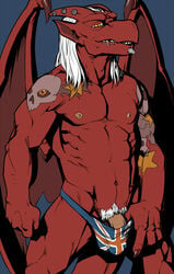 1boy abs anthro brooklyn_(gargoyles) dick_root disney forge_(artist) furry gargoyles horns long_hair_male male male_nipples male_only male_pubic_hair male_thong muscles muscular_male no_humans pecs penis piercing pubes red_skin semi-erect showing smooth_penis solo speedo tail tattoos thewielder white_hair wings yellow_eyes