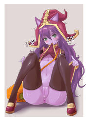 animal_ears anus blush female green_eyes hair hat justeeeeth league_of_legends looking_at_viewer lulu_the_fae_sorceress mouth_hold pettanko purple_hair purple_skin pussy pussy_juice riot_games thigh_highs thighhighs witch_hat yordle