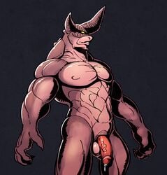 1boy aman anthro balls biceps cum demon furry half-erect hindpaw_(artist) horn humanoid_penis male male_only muscles no_humans nude penis solo tera tera_online yellow_eyes