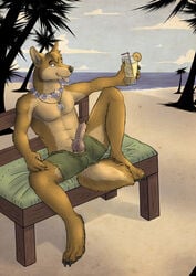 anthro beach canine canine_penis claws coway day dog_tags drink erection fur furry gothwolf holding knot looking_at_viewer male male_only necklace nipples no_humans outdoors penis presenting seaside sitting solo straw tongue topless water wolf