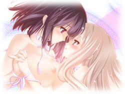 black_hair blonde_hair blush cg eroge female fuguriya game_cg green_eyes kawamura_reo multiple_girls purple_eyes sawaguchi_mai schoolgirl sono_hanabira_ni_kuchizuke_wo yuri