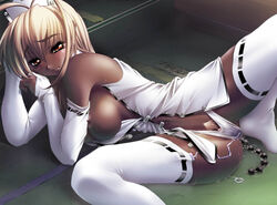 ahoge anal_beads antenna_hair bare_shoulders blonde_hair blush breasts bridal_gauntlets choker clit_slip clitoris clitoris_slip clothing color dark-skinned_female dark_skin detached_sleeves erect_nipples female female_only ganguro hair_between_eyes large_breasts leg_lift lying nurse open_clothes open_shirt oppai panties pubic_hair pussy_juice pussy_peek red_eyes see-through see-through_panties shirt short_hair sideboob solo stockings sweat thighhighs uncensored underwear vibrator vibrator_bulge vibrator_under_clothes vibrator_under_panties wardrobe_malfunction wet white_legwear white_panties yn_red